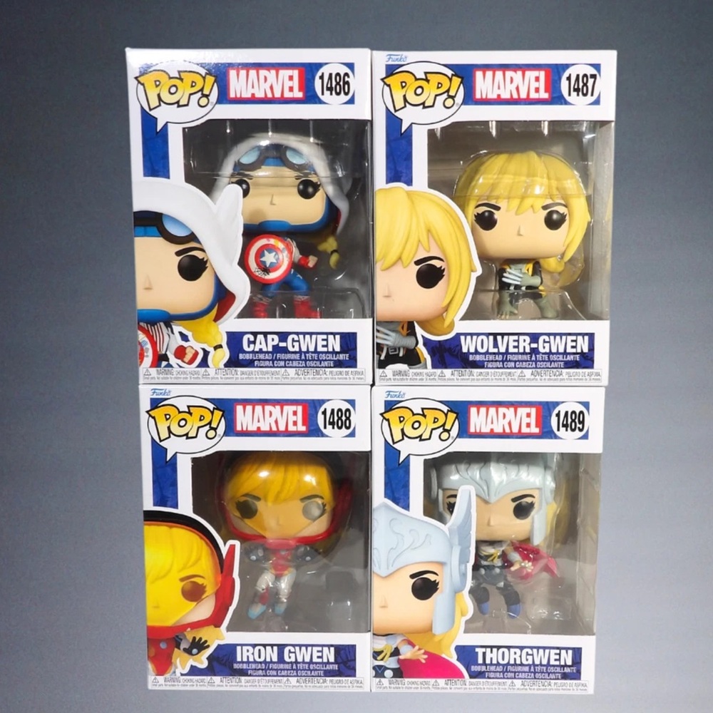 Complete Set Gwen Stacy Funko Pops Cap-Gwen Wolverine-Gwen Iron Gwen Thorgwen